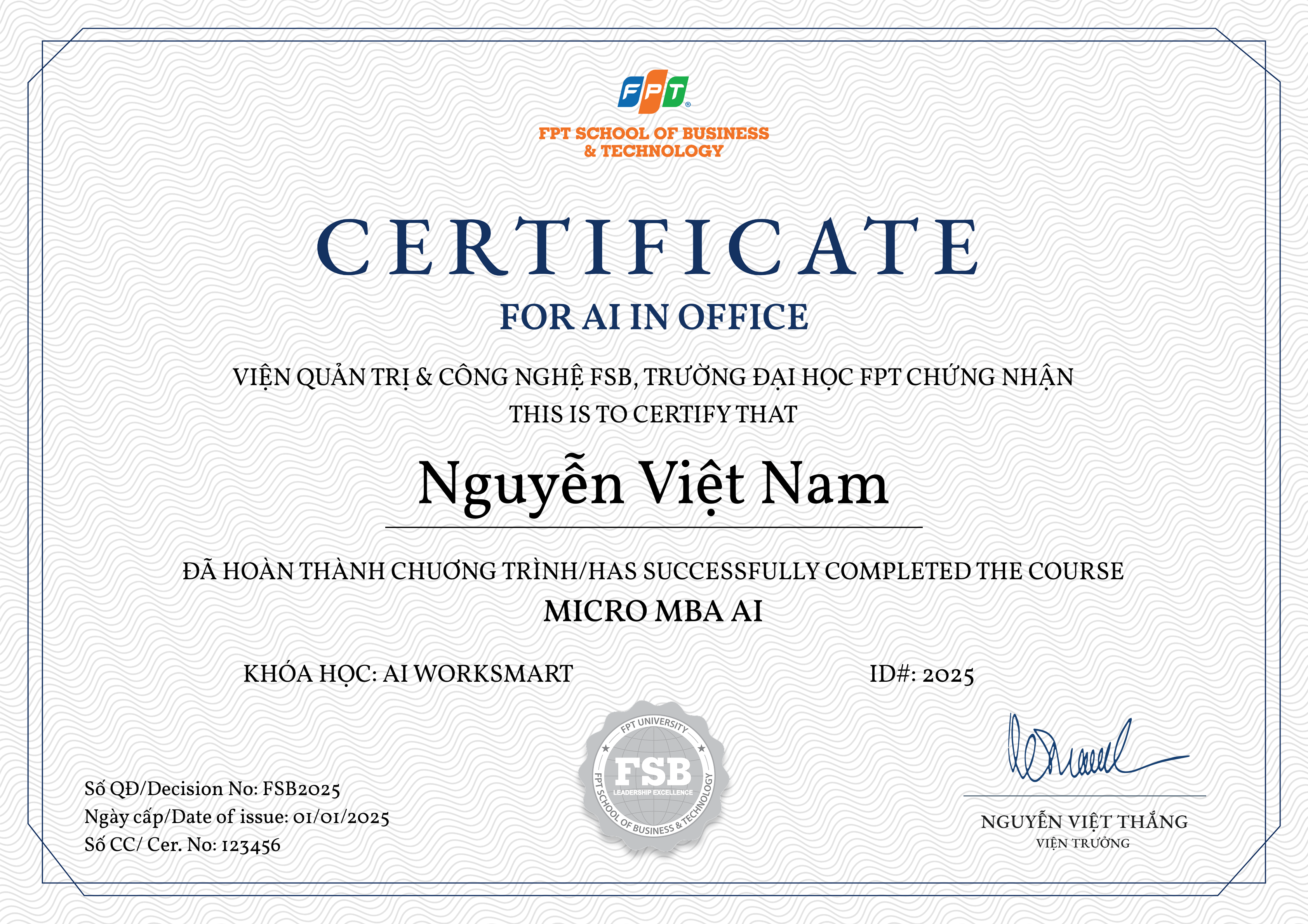 Chứng chỉ AI Văn phòng FPT